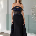 Stunning Off-The-Shoulder Beaded Evening Gown with Sheer Corset Bodice