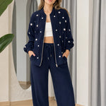 Women's Pearl Embellished Zip Bomber Jacket and Wide-Leg Pants 2-Piece Set