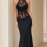 Elegance Halter Neck Lace Panel Maxi Evening Dress