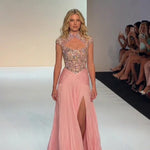 Embellished Keyhole High-Neck Chiffon Evening Gown with Slit
