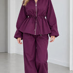 Women's Drawstring Peplum Zip Jacket and Wide-Leg Pants Two-Piece Set