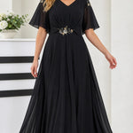 Elegant V-Neck Flutter Sleeve Chiffon Maxi Evening Dress with Embellished Waist