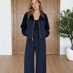 Women's Contrast Collar Zip Jacket and Wide-Leg Pants Two-Piece Set
