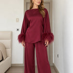 Satin Feather Cuff Two-Piece Top and Wide-Leg Pants Set