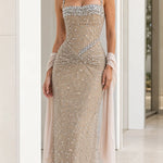 Sparkling Beaded Ruched Waist Maxi Evening Gown with Matching Shawl