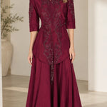 Embroidered 3/4 Sleeve A-Line Maxi Evening Gown with Mandarin Collar