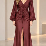 Deep V-Neck Pleated Long Sleeve Twist Front Evening Gown with Slit