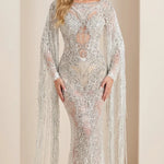 Beaded Cape Sleeve Mermaid Evening Gown with Fringe Tassels