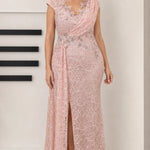 Draped V-Neck Sequin Lace Evening Gown with Front Slit and Corset Back
