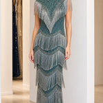 Vintage Art Deco Beaded Fringe Evening Gown | High Neck Maxi Formal Dress