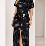 Women's Asymmetrical Neckline Polka Dot Midi Dress with Ruched Buckle Detail