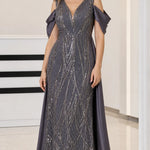 Sequin V-Neck Cold-Shoulder Evening Gown with Draped Satin Train