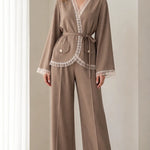Lace Trim Wrap Blazer and Wide-Leg Pants Two-Piece Suit Set