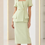 Square Neck Peplum Top and Midi Pencil Skirt Two-Piece Set
