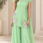 Floral Embroidered Asymmetrical Tunic Top and Wide-Leg Palazzo Pants Set