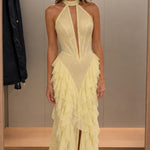 Elegance Halter Neck Beaded Ruffle Maxi Dress