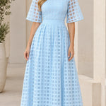 Mock Neck Sheer Grid Overlay Maxi Dress with Flutter Half Sleeves