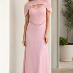 Pleated Cape Sleeve Beaded Maxi Dress with Cutout Detail