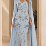 Embellished Cape Sleeve Evening Gown with Front Slit