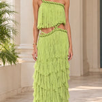 One-Shoulder Cutout Tiered Ruffle Maxi Dress with Braided Rope Trim