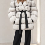 Women's Hooded Belted Faux Fur Coat with Tiered Plush Panels
