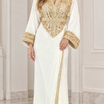 Women's Elegant Gold Embroidered V-Neck Kaftan Maxi Dress