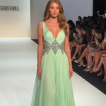 Pleated V-Neck Embellished Floor-Length Evening Gown