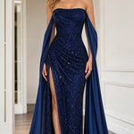 Strapless Sequin Floor-Length Evening Gown with Draped Cape Sleeves and Slit
