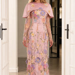 Floral Appliqué Capelet Sheer Sleeve Formal Evening Gown