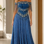 Off-the-Shoulder Beaded Fringe Corset Evening Gown