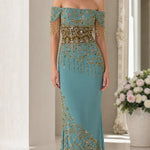 Off-Shoulder Beaded Formal Evening Dress with Fringe Detail