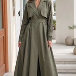 Lace-Sleeve Trench Maxi Coat Dress with Matching Belt