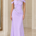 Off-the-Shoulder Ruched Formal Evening Gown with Beaded Applique