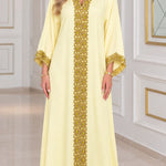 Embroidered Gold Trim V-Neck Kaftan Maxi Dress