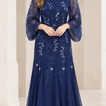 Sequined Botanical Sheer Sleeve Chiffon Maxi Evening Gown