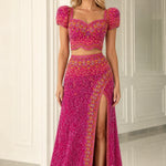 Two-Piece Beaded Evening Gown Set with Puff Sleeves and High Slit Skirt