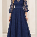 Elegant Floral Lace V-Neck A-Line Maxi Dress with 3/4 Sleeves