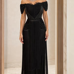 Off-The-Shoulder Beaded Lace Fringe Evening Maxi Dress