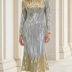 Metallic Sequin Chevron Long Sleeve Midi Evening Dress