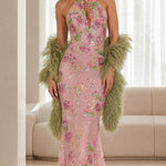 Floral Sequin Embroidered Halter Neck Mermaid Evening Gown
