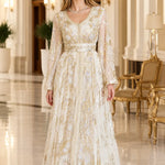 Metallic Floral Embroidered Long Sleeve Kaftan Maxi Dress with Belt