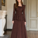Long Sleeve Lace Peplum Evening Gown with Pleated Maxi Skirt