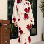 Floral Print High Neck Long Sleeve Maxi Dress with Back Tie