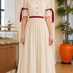 Vintage Peter Pan Collar Floral Midi Dress with Contrast Bow Details