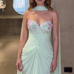Floral Applique Sweetheart Evening Gown with Draped Cape Scarf