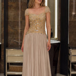 Cap Sleeve Beaded Bodice Pleated Chiffon Evening Gown