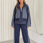 Women's Textured Contrast Zip-Up Jacket and Wide-Leg Pants Two-Piece Set