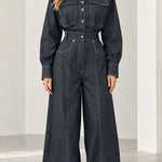 Women's Contrast Stitch Wide-Leg Denim Jumpsuit with Belt