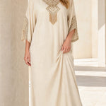 Embellished Kaftan Maxi Dress with Beaded V-Neck and Batwing Sleeves