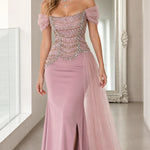 Off-the-Shoulder Beaded Corset Evening Gown with Tulle Drape